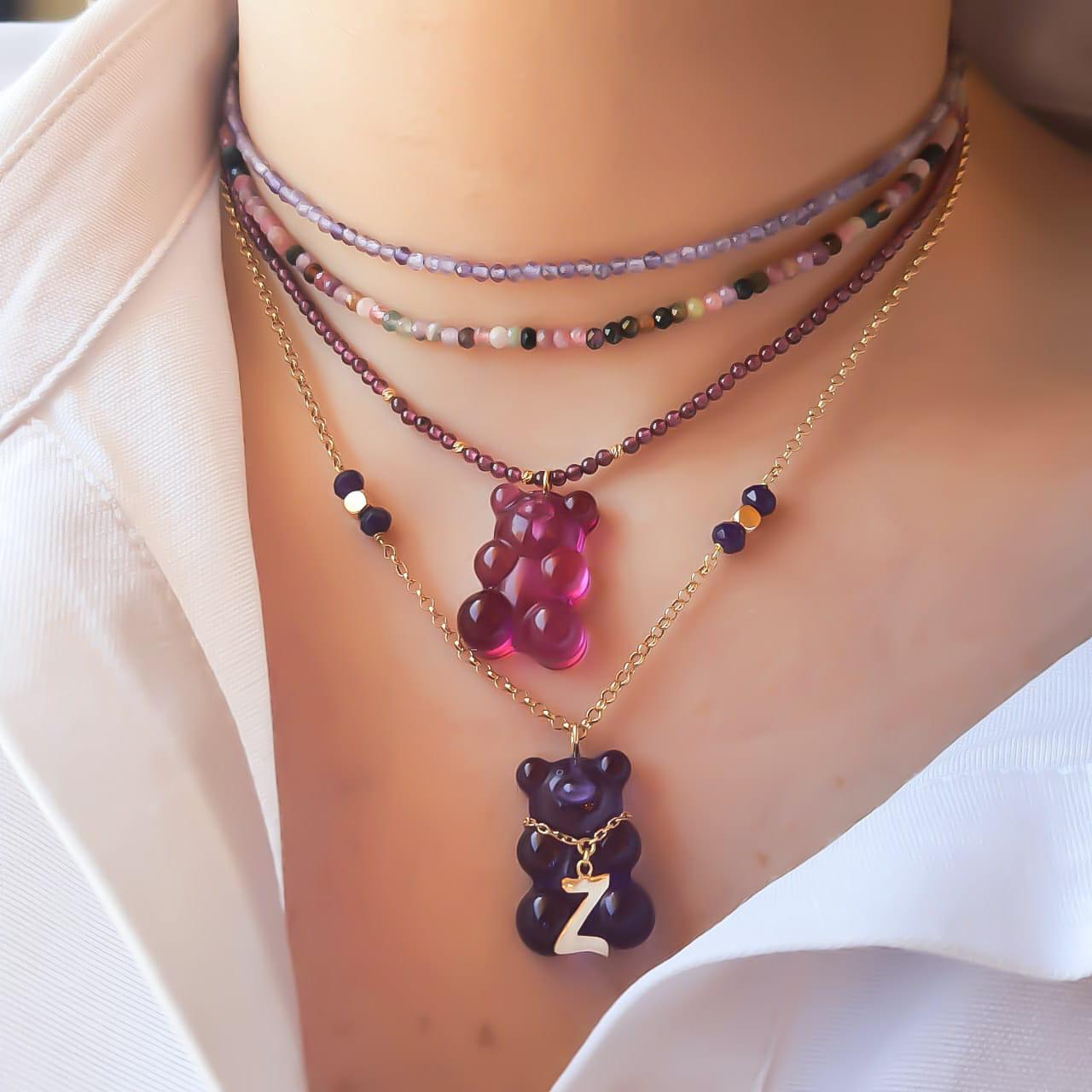 Gold Letter Gummy Bear Necklace With Natural Stone