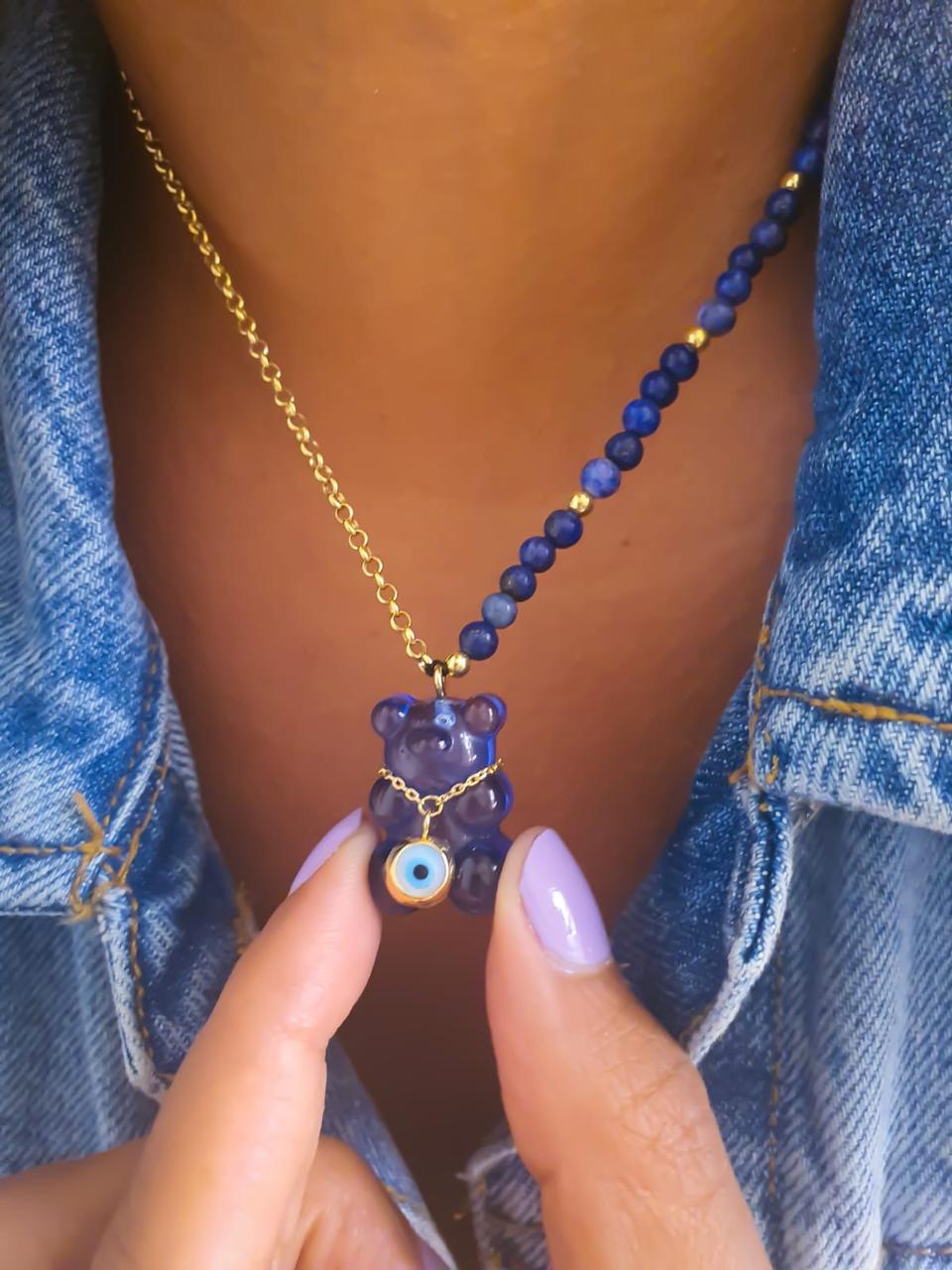 Gold Letter Gummy Bear Necklace With Natural Stone