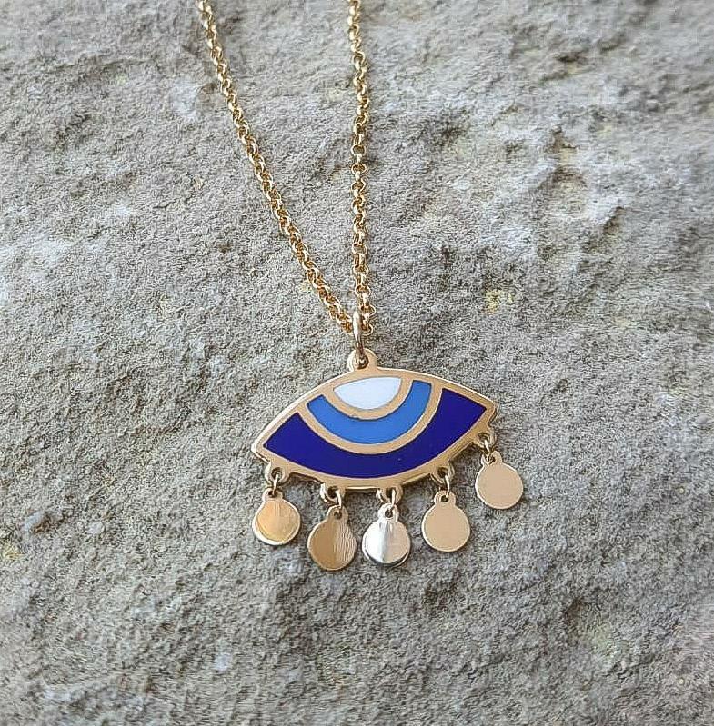 Gold Blue Eye Design With Italian Enamel Necklace