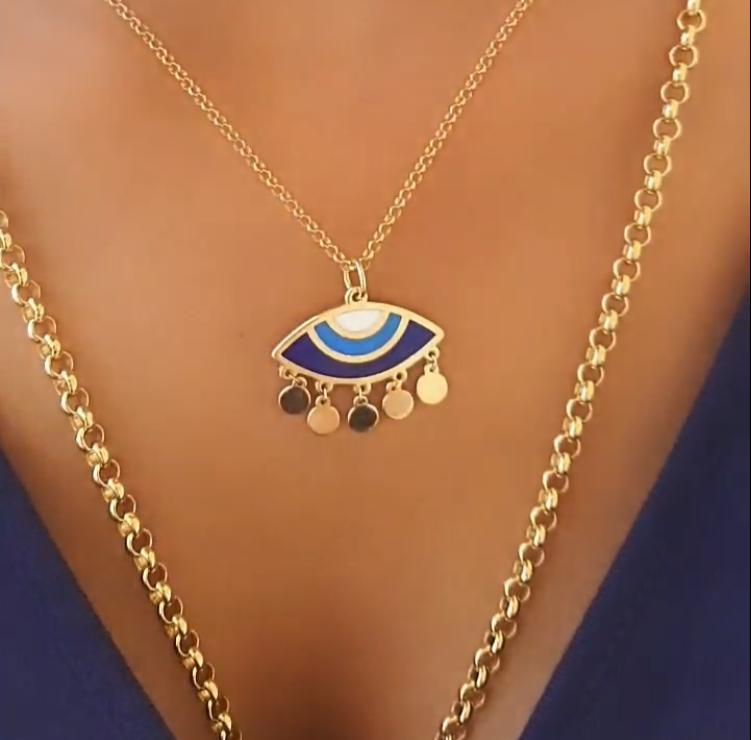 Gold Blue Eye Design With Italian Enamel Necklace