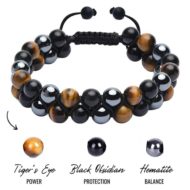 Tiger's Eyes with Black Obsidian and Hematite  Stone Braided Double Layer Bracelet