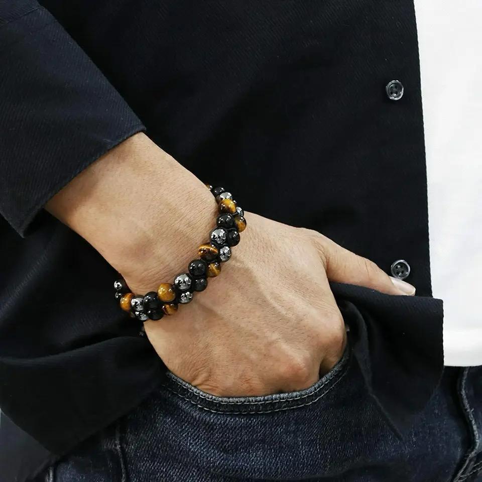 Tiger's Eyes with Black Obsidian and Hematite  Stone Braided Double Layer Bracelet