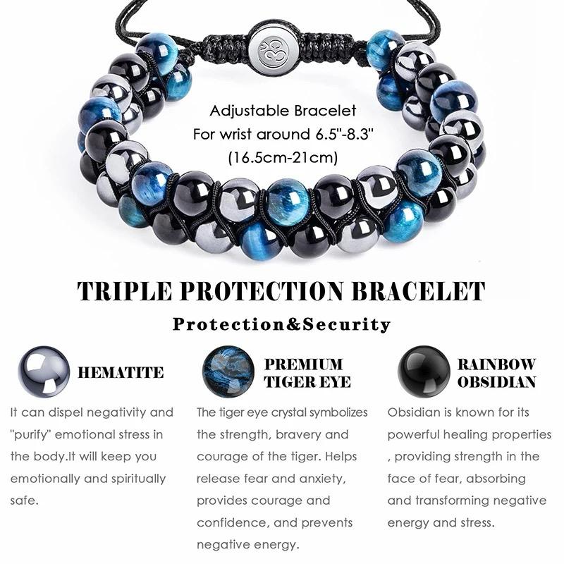 Blue Tiger's Eyes with Black Obsidian and Hematite  Stone Braided Double Layer Bracelet