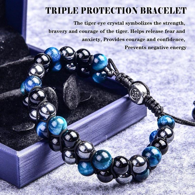 Blue Tiger's Eyes with Black Obsidian and Hematite  Stone Braided Double Layer Bracelet