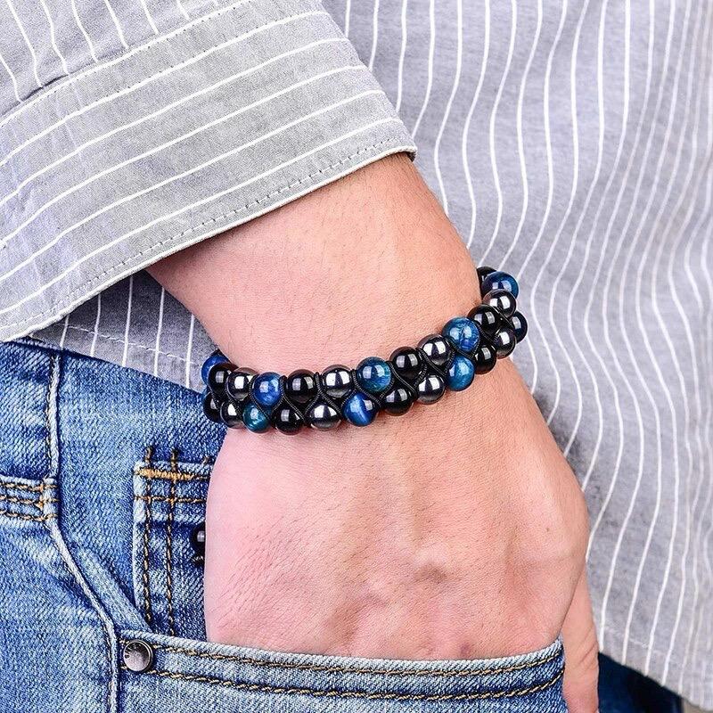 Blue Tiger's Eyes with Black Obsidian and Hematite  Stone Braided Double Layer Bracelet