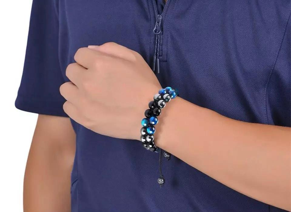 Blue Tiger's Eyes with Black Obsidian and Hematite  Stone Braided Double Layer Bracelet