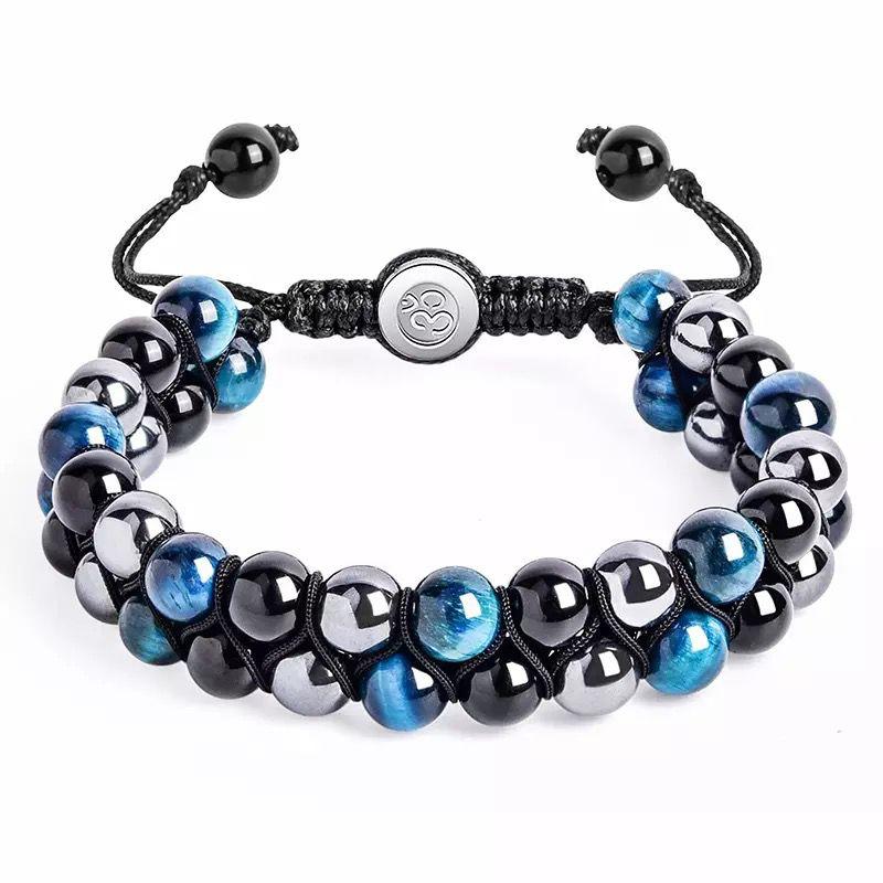 Blue Tiger's Eyes with Black Obsidian and Hematite  Stone Braided Double Layer Bracelet
