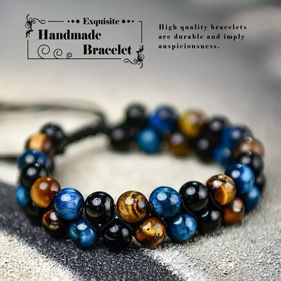 Tiger's Eyes with Blue Tiger Eyes and Hematite  Stones Braided Double Layer Bracelet