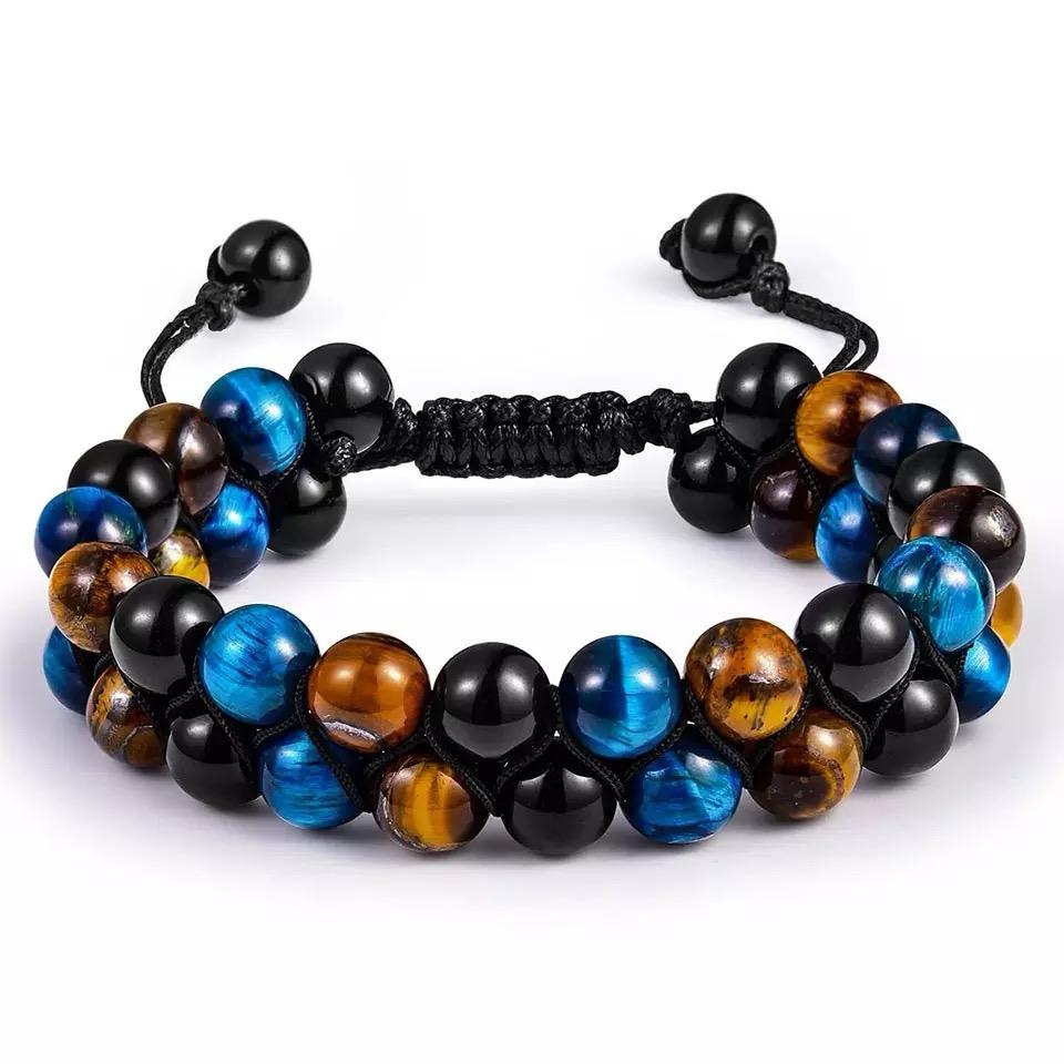 Tiger's Eyes with Blue Tiger Eyes and Hematite  Stones Braided Double Layer Bracelet
