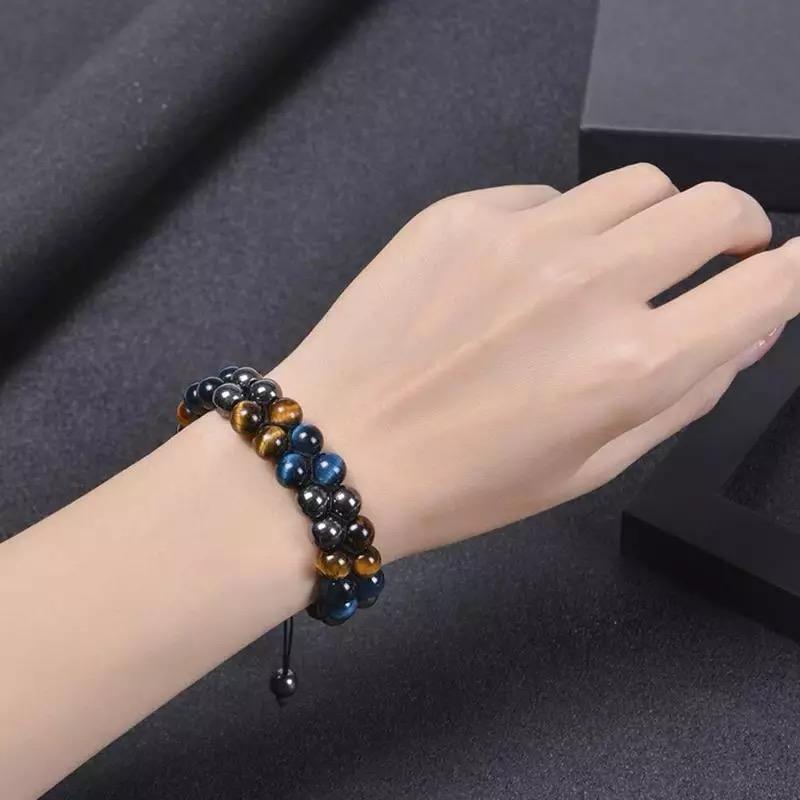 Tiger's Eyes with Blue Tiger Eyes and Hematite  Stones Braided Double Layer Bracelet