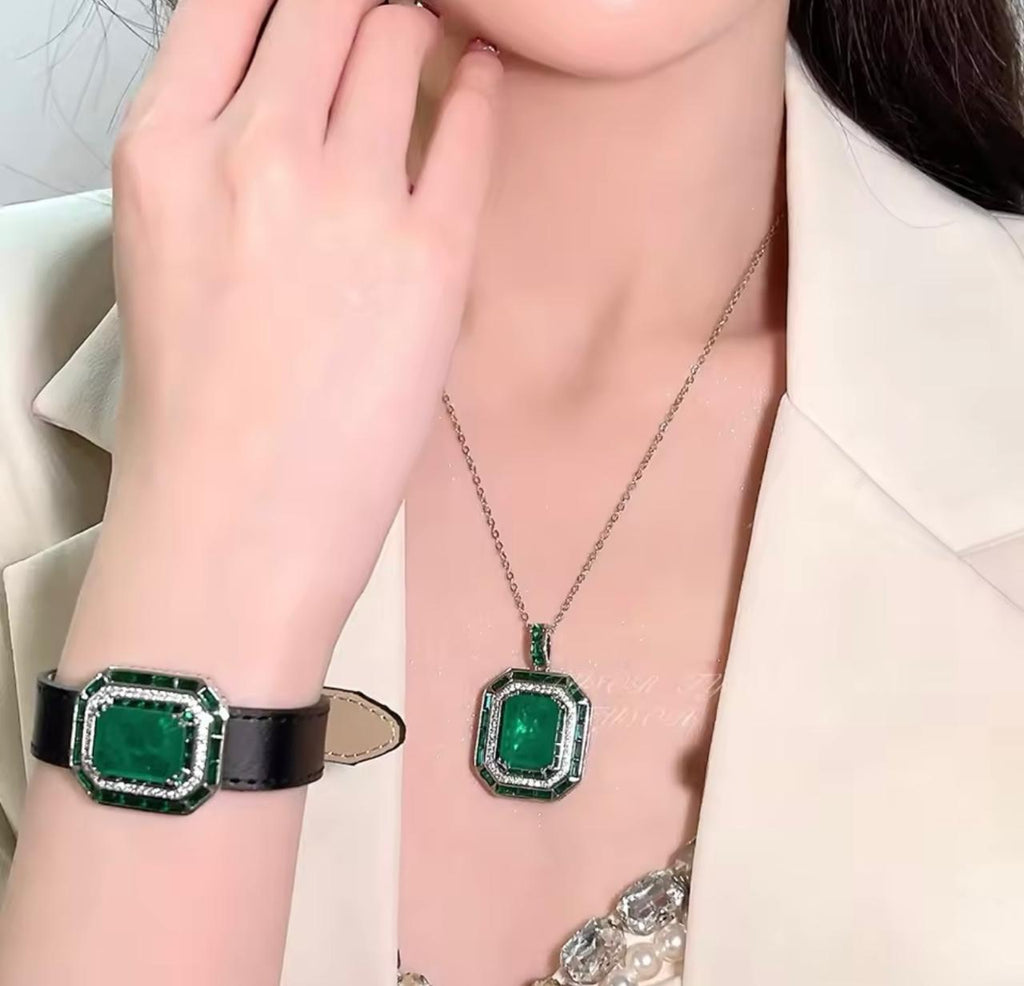 Emerald Natural Stone With Italian Silver and Leather Design Bracelet