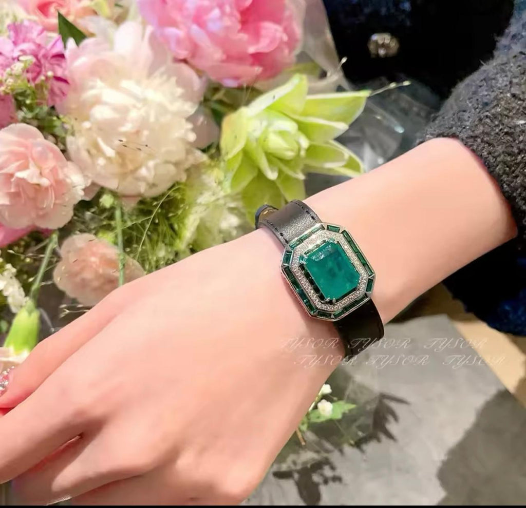 Emerald Natural Stone With Italian Silver and Leather Design Bracelet