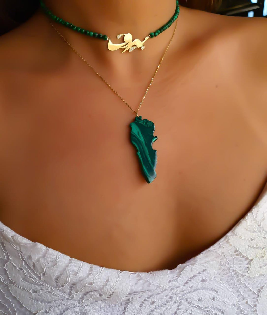 Gold Name Design with Malachite Stone Necklace