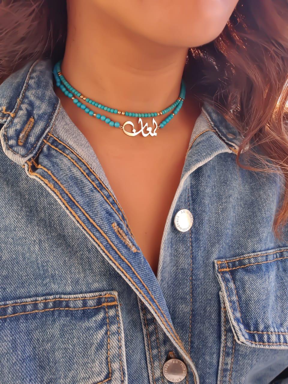 Gold Name Design with Turquoise Stone Necklace