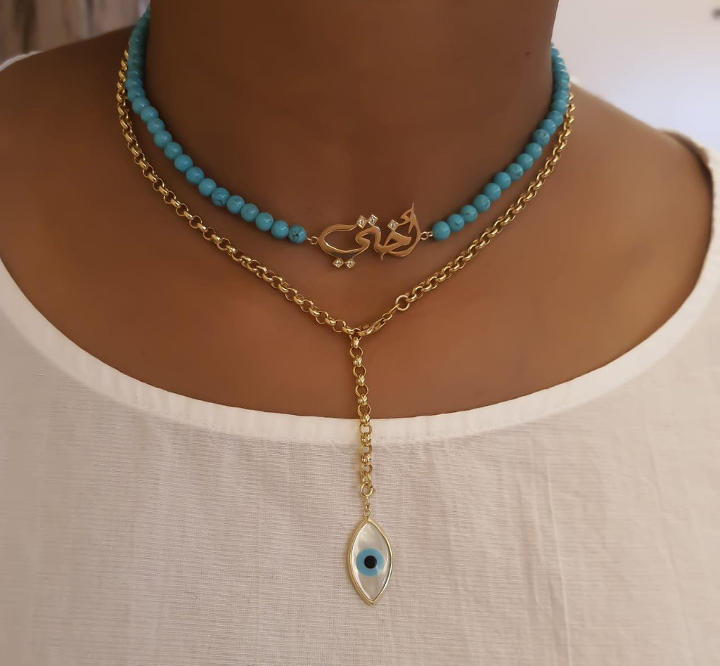 Gold Name Design with Turquoise Stone Necklace