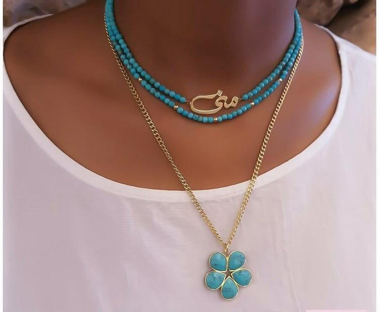 Gold Name Design with Turquoise Stone Necklace