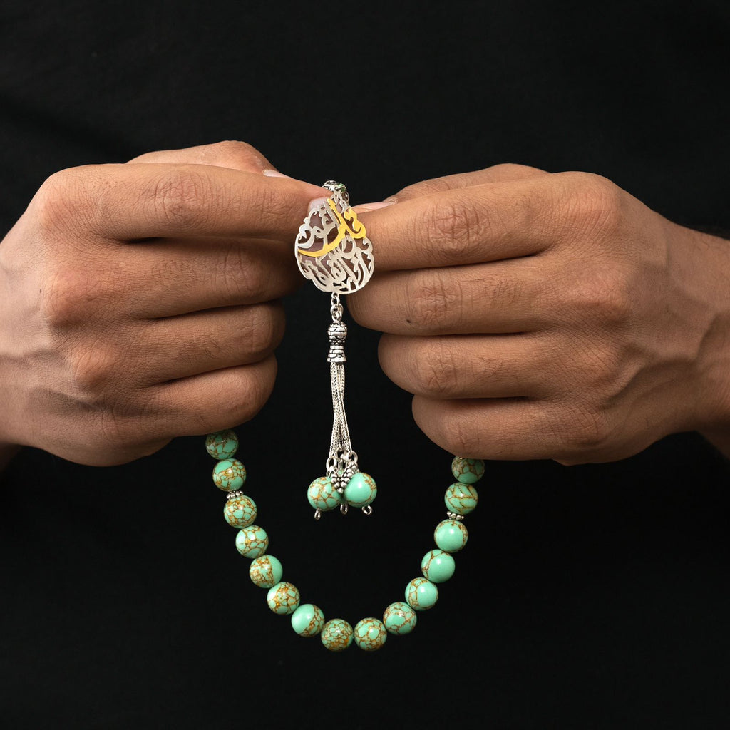 Natural Golden Turquoise Stone Masbaha with Italian Silver Name Design ‎