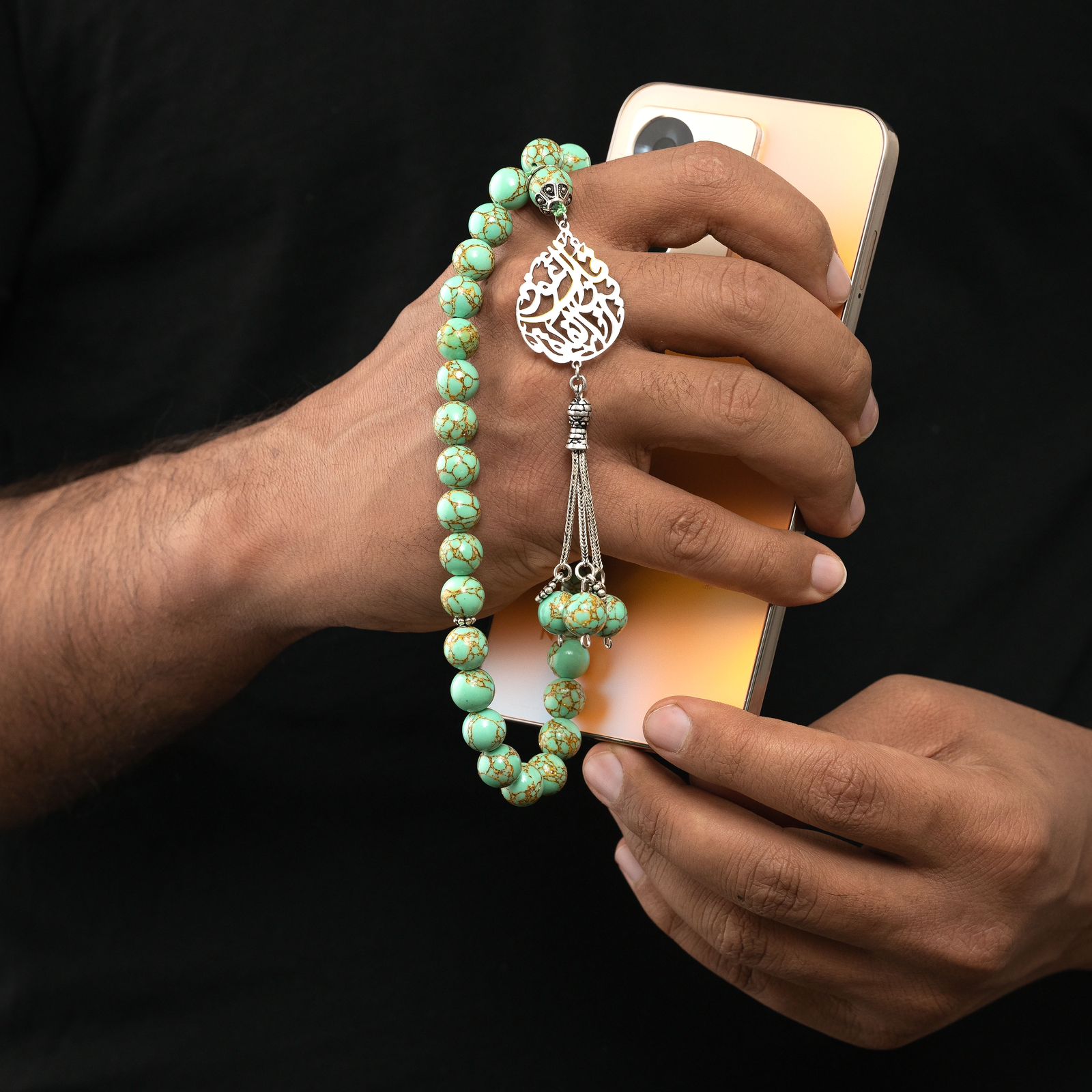 Natural Golden Turquoise Stone Masbaha with Italian Silver Name Design ‎