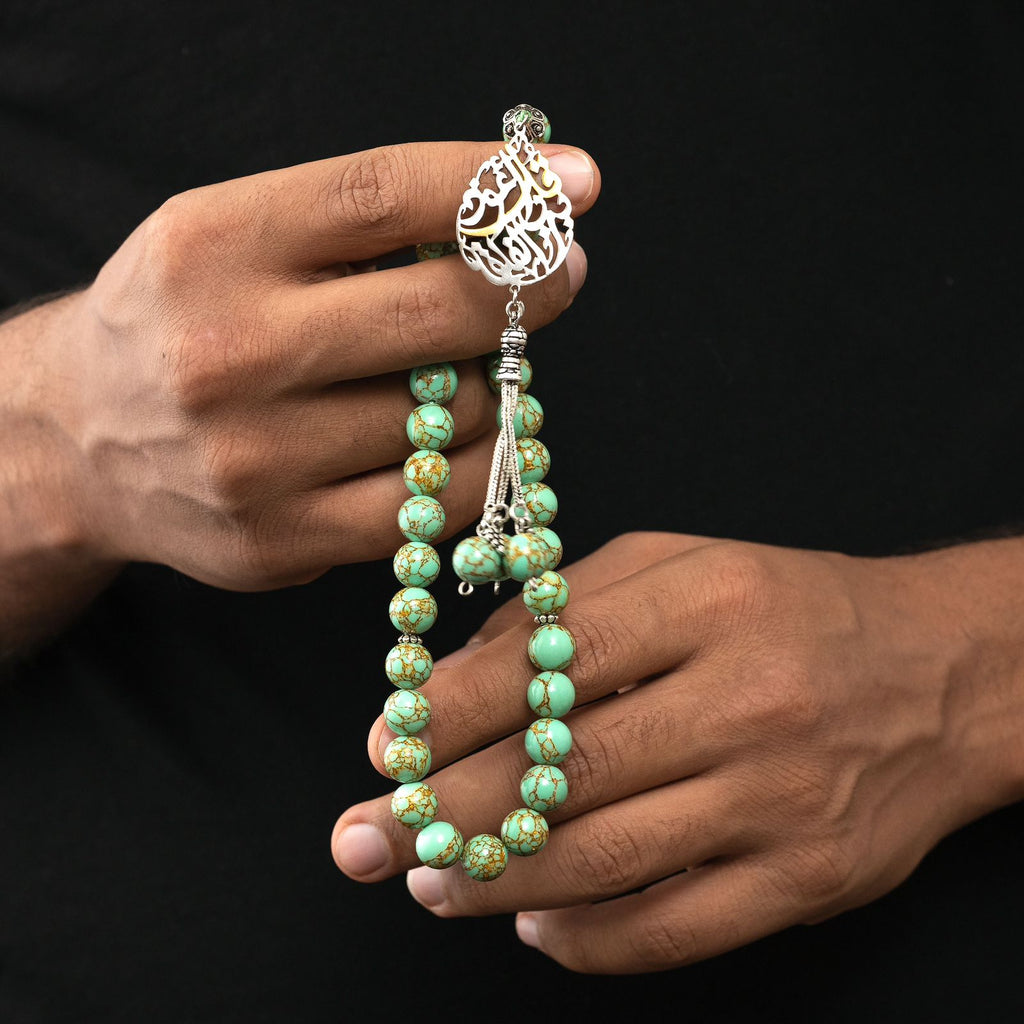 Natural Golden Turquoise Stone Masbaha with Italian Silver Name Design ‎