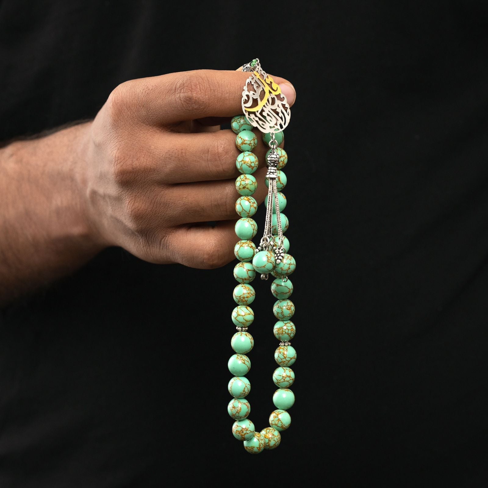 Natural Golden Turquoise Stone Masbaha with Italian Silver Name Design ‎