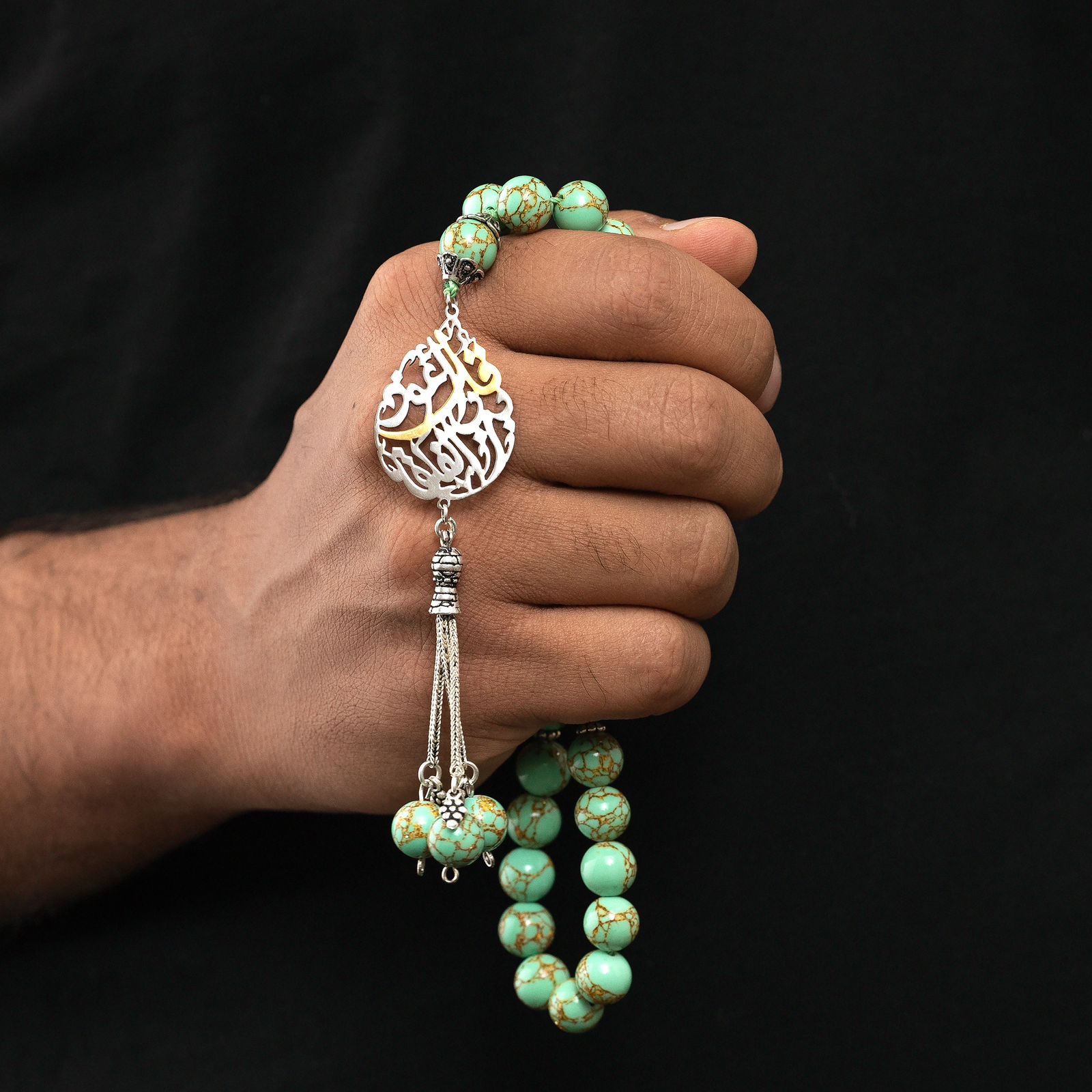 Natural Golden Turquoise Stone Masbaha with Italian Silver Name Design ‎