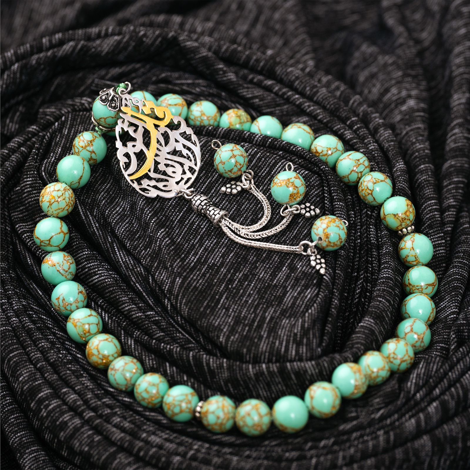 Natural Golden Turquoise Stone Masbaha with Italian Silver Name Design ‎
