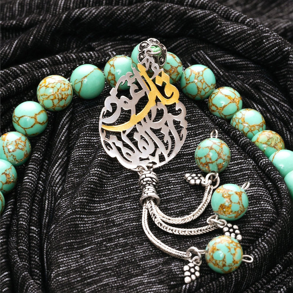 Natural Golden Turquoise Stone Masbaha with Italian Silver Name Design ‎