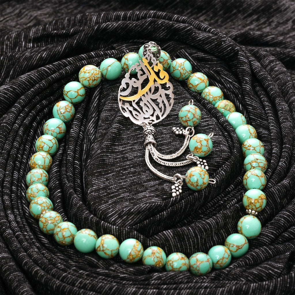 Natural Golden Turquoise Stone Masbaha with Italian Silver Name Design ‎