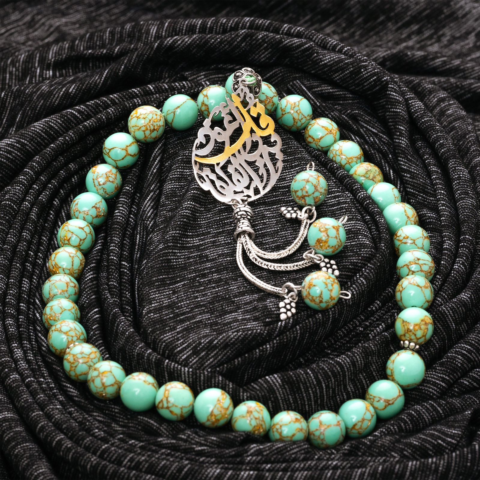 Natural Golden Turquoise Stone Masbaha with Italian Silver Name Design ‎
