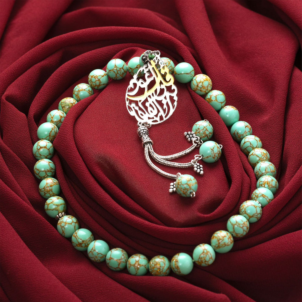 Natural Golden Turquoise Stone Masbaha with Italian Silver Name Design ‎