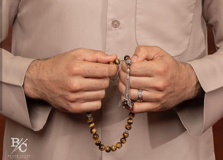 Tiger eye’s Stone Masbaha with Italian Silver Karkosha Design ‎