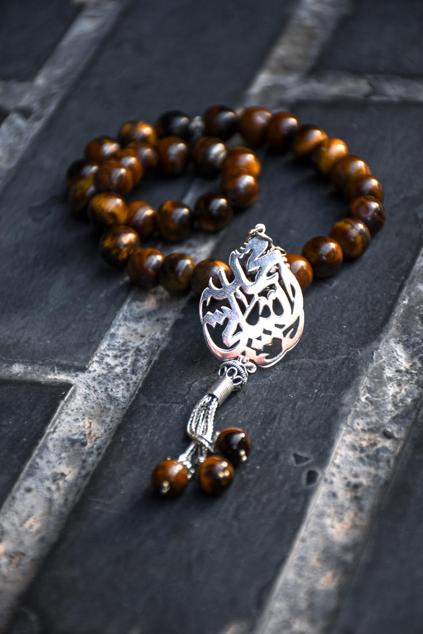Natural Tiger Eye’s Stone Masbaha with Italian Silver Name Design ‎