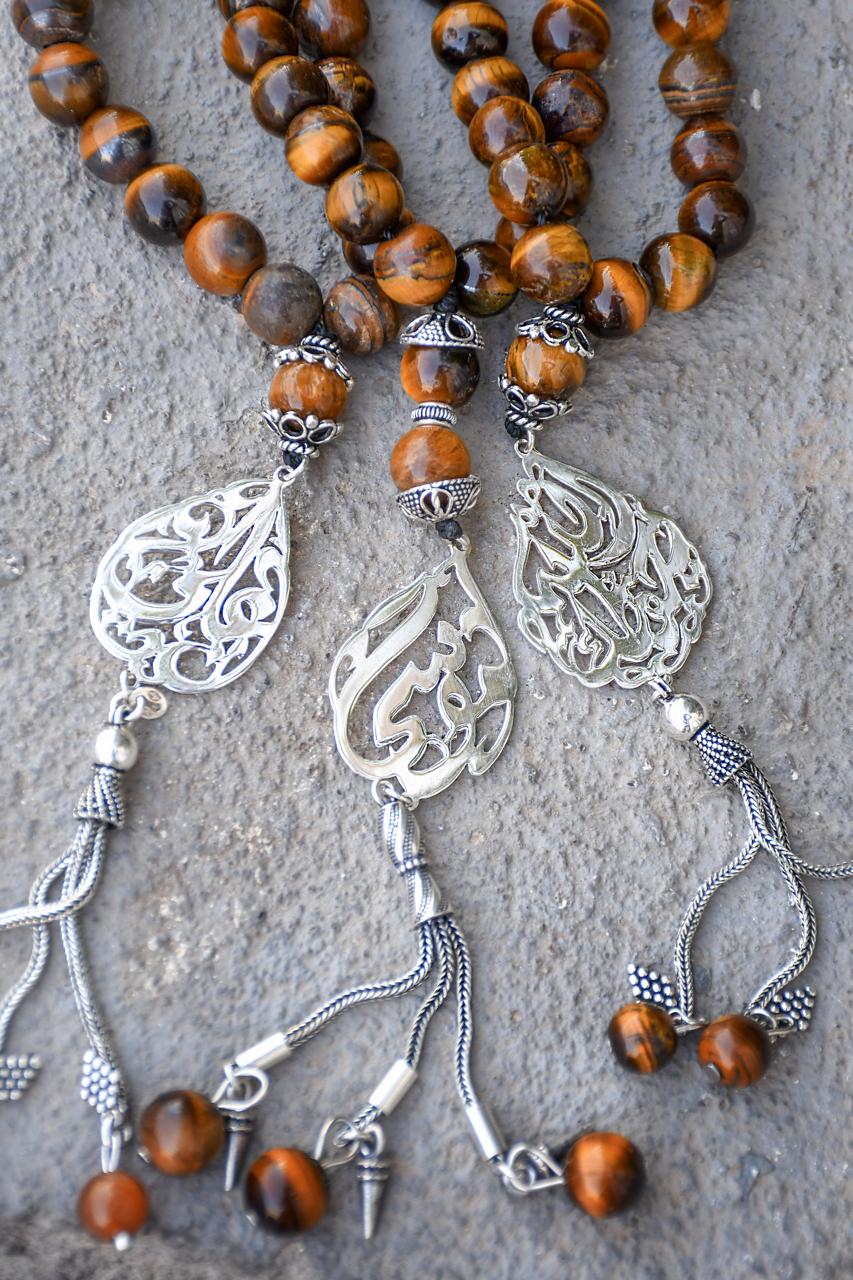 Natural Tiger Eye’s Stone Masbaha with Italian Silver Name Design ‎