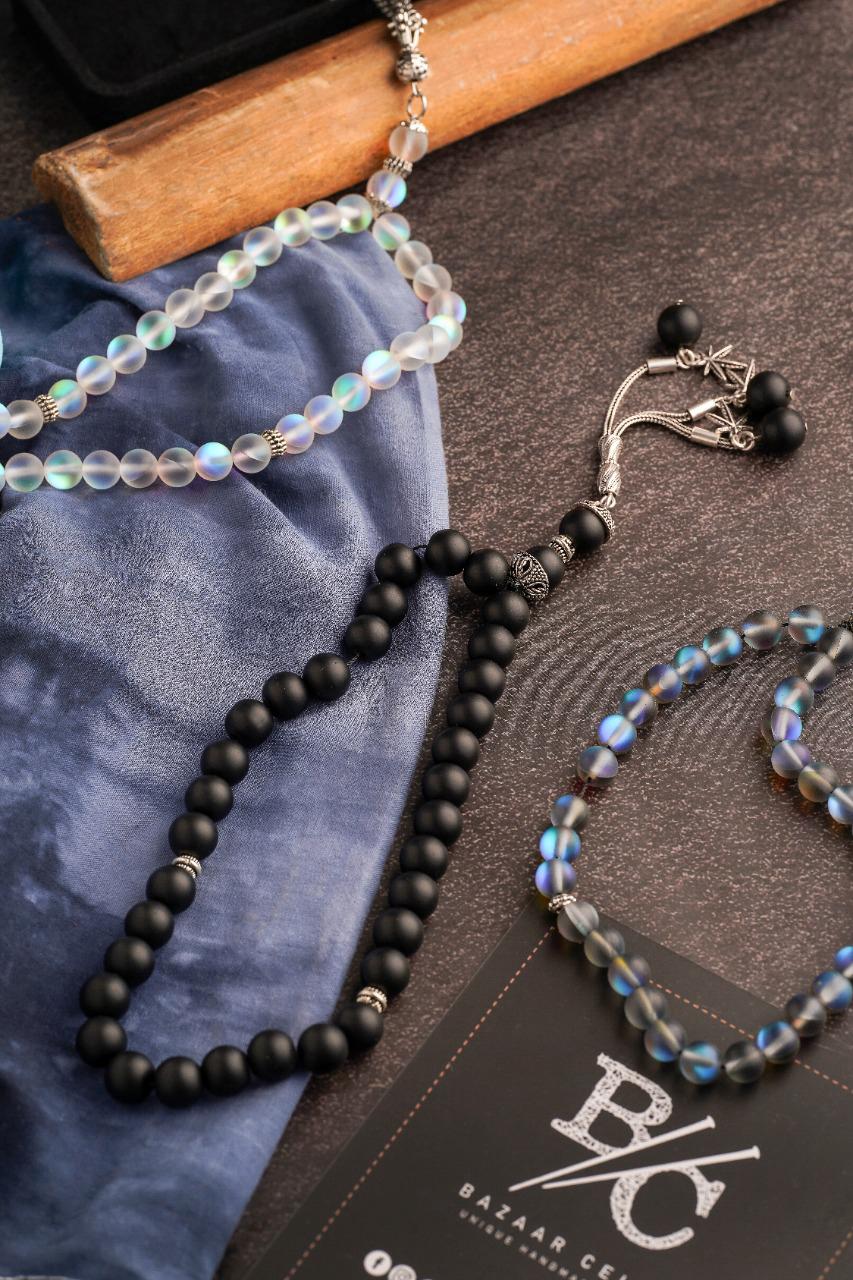 Nature Black Onyx Stone Masbaha with Italian Silver Karkosha Design ‎