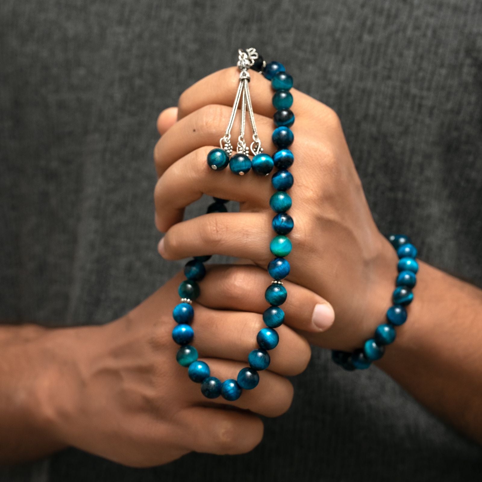 Natural Blue Tiger Eye’s Stone Masbaha with Italian Silver Karkosha Design ‎
