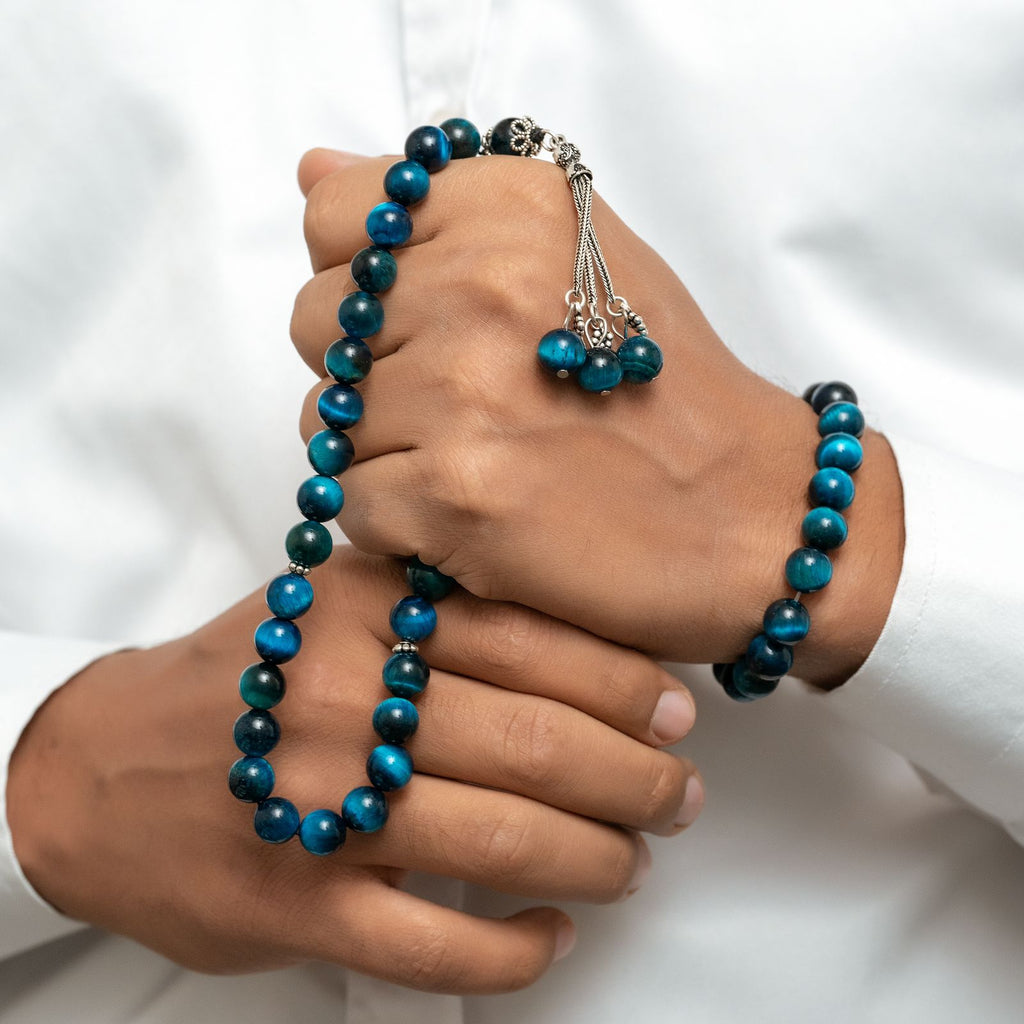 Natural Blue Tiger Eye’s Stone Masbaha with Italian Silver Karkosha Design ‎