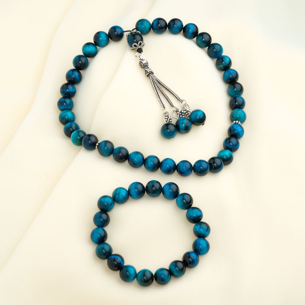 Natural Blue Tiger Eye’s Stone Masbaha with Italian Silver Karkosha Design ‎
