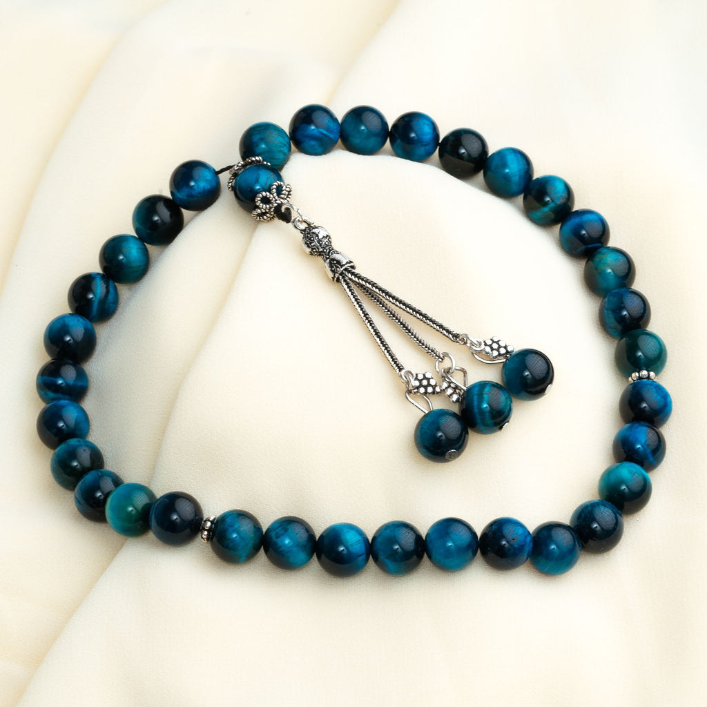 Natural Blue Tiger Eye’s Stone Masbaha with Italian Silver Karkosha Design ‎