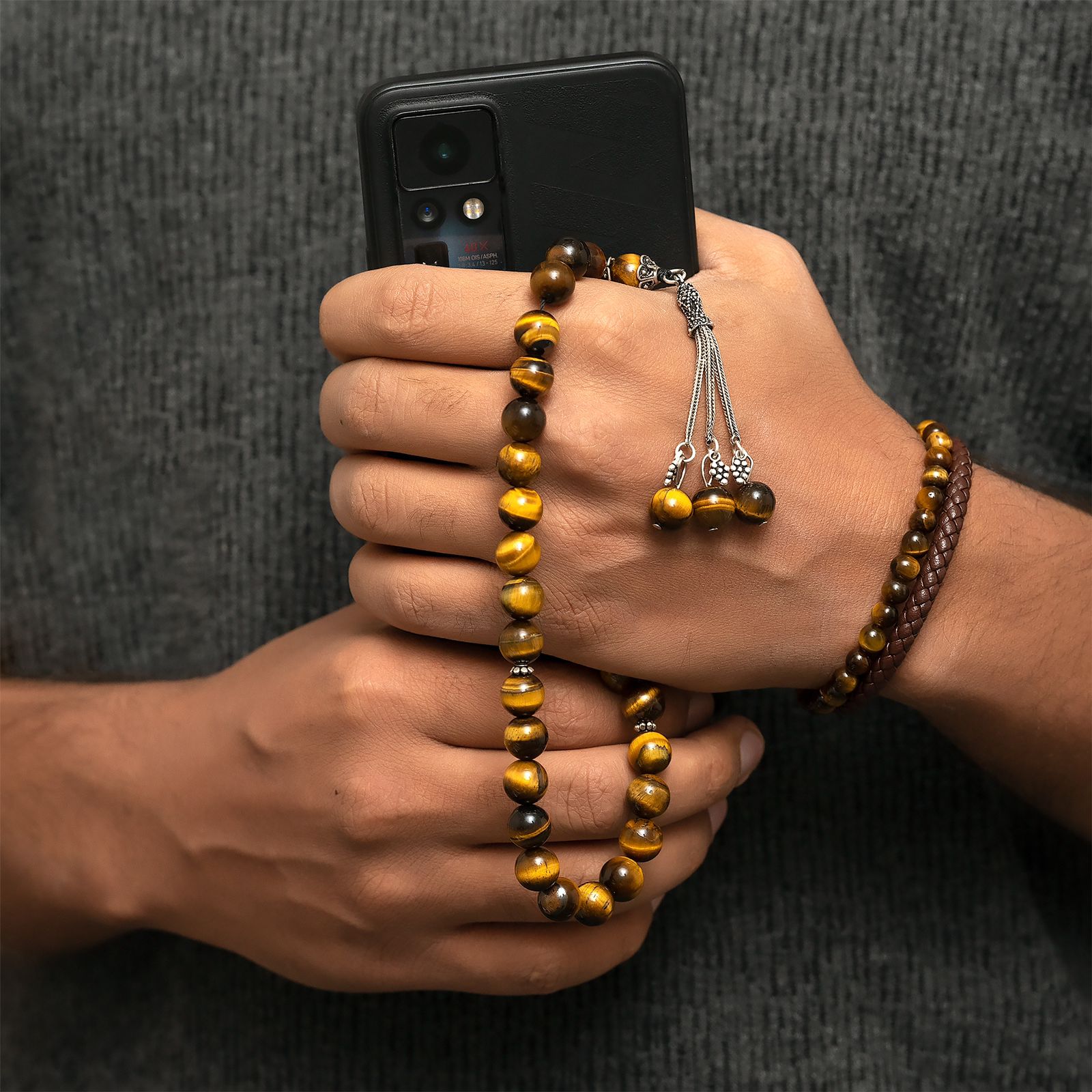 Tiger eye’s Stone Masbaha with Italian Silver Karkosha Design