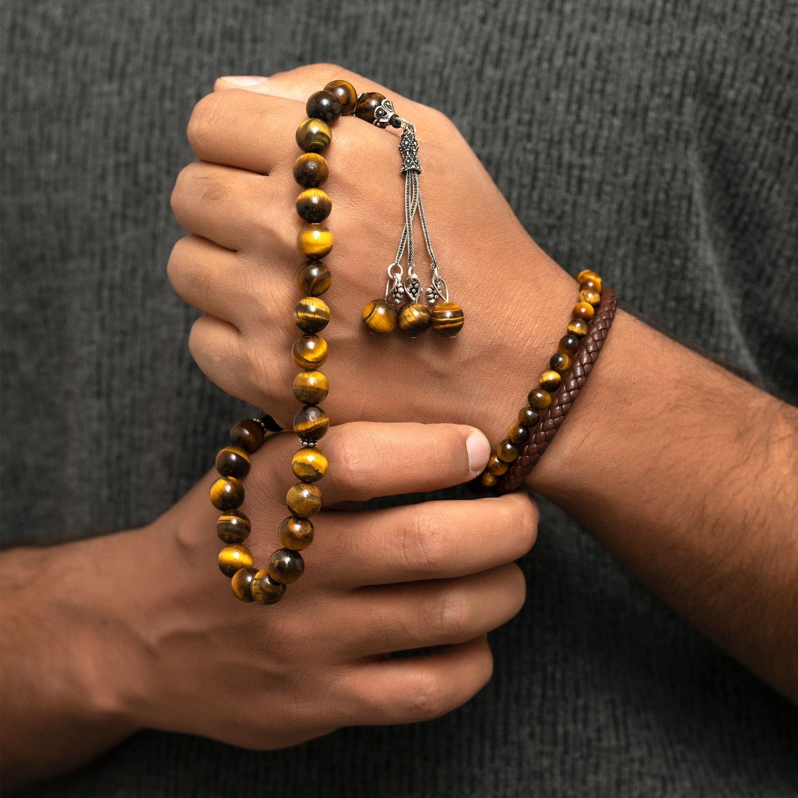 Tiger eye’s Stone Masbaha with Italian Silver Karkosha Design