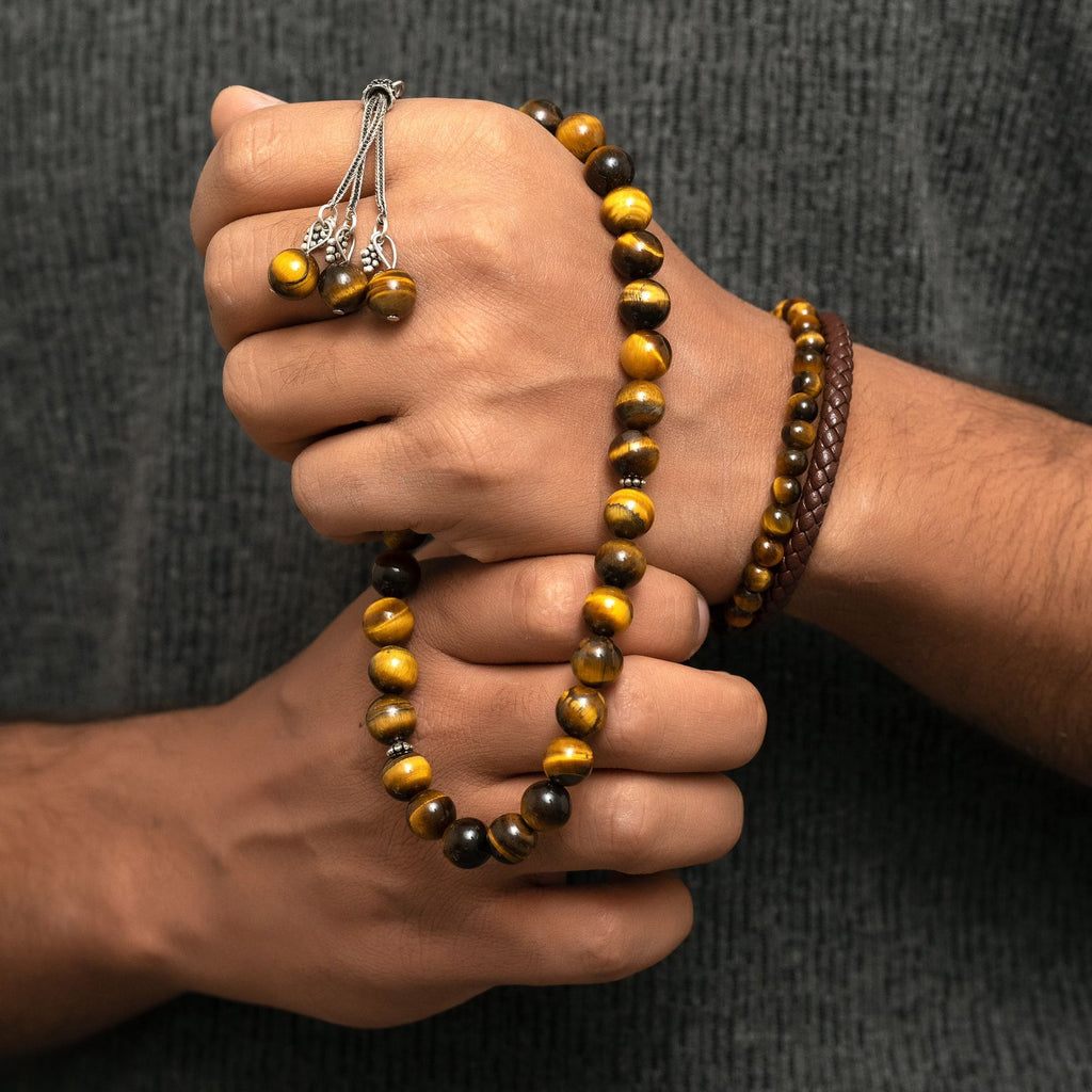 Tiger eye’s Stone Masbaha with Italian Silver Karkosha Design