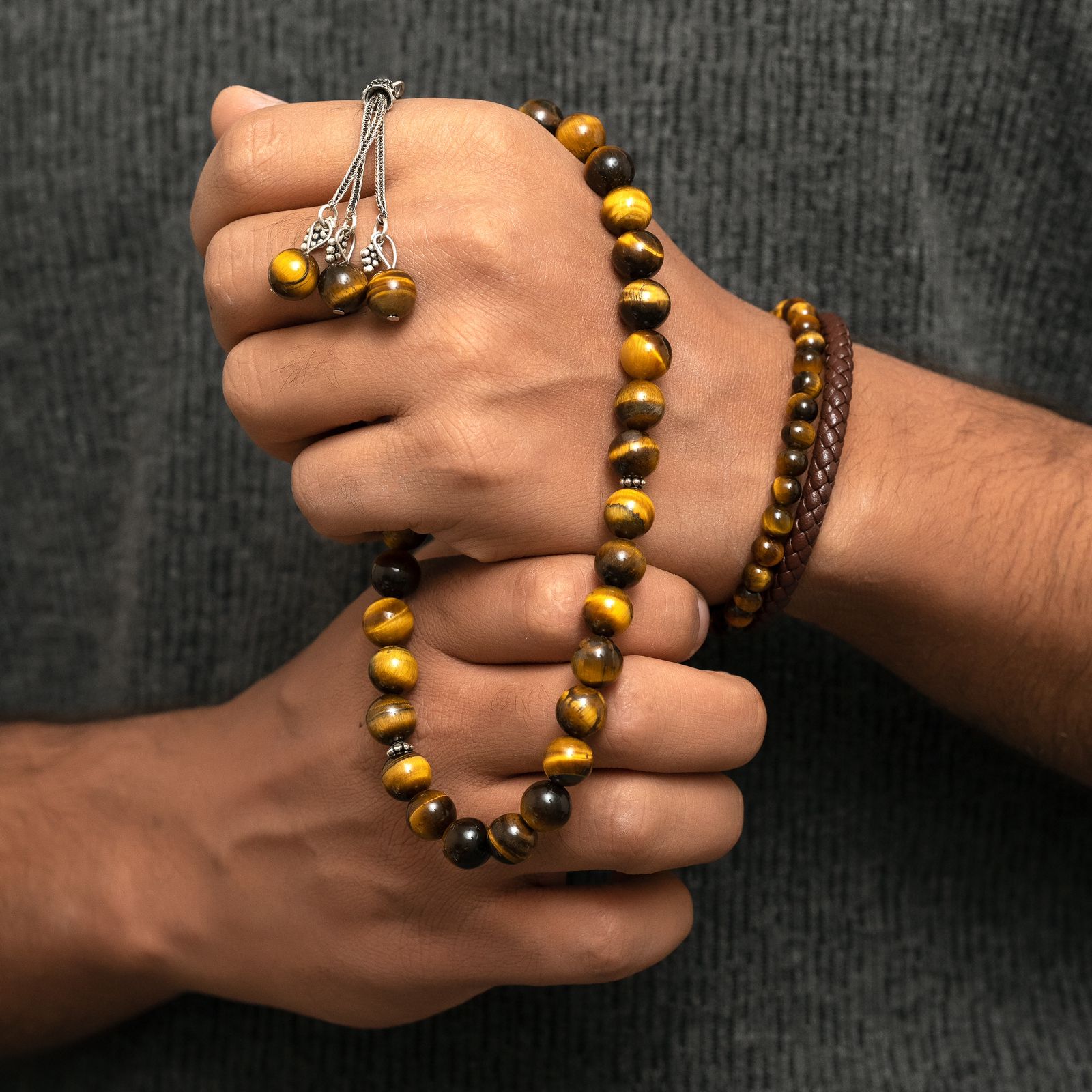 Tiger eye’s Stone Masbaha with Italian Silver Karkosha Design