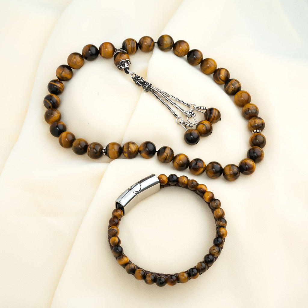 Tiger eye’s Stone Masbaha with Italian Silver Karkosha Design