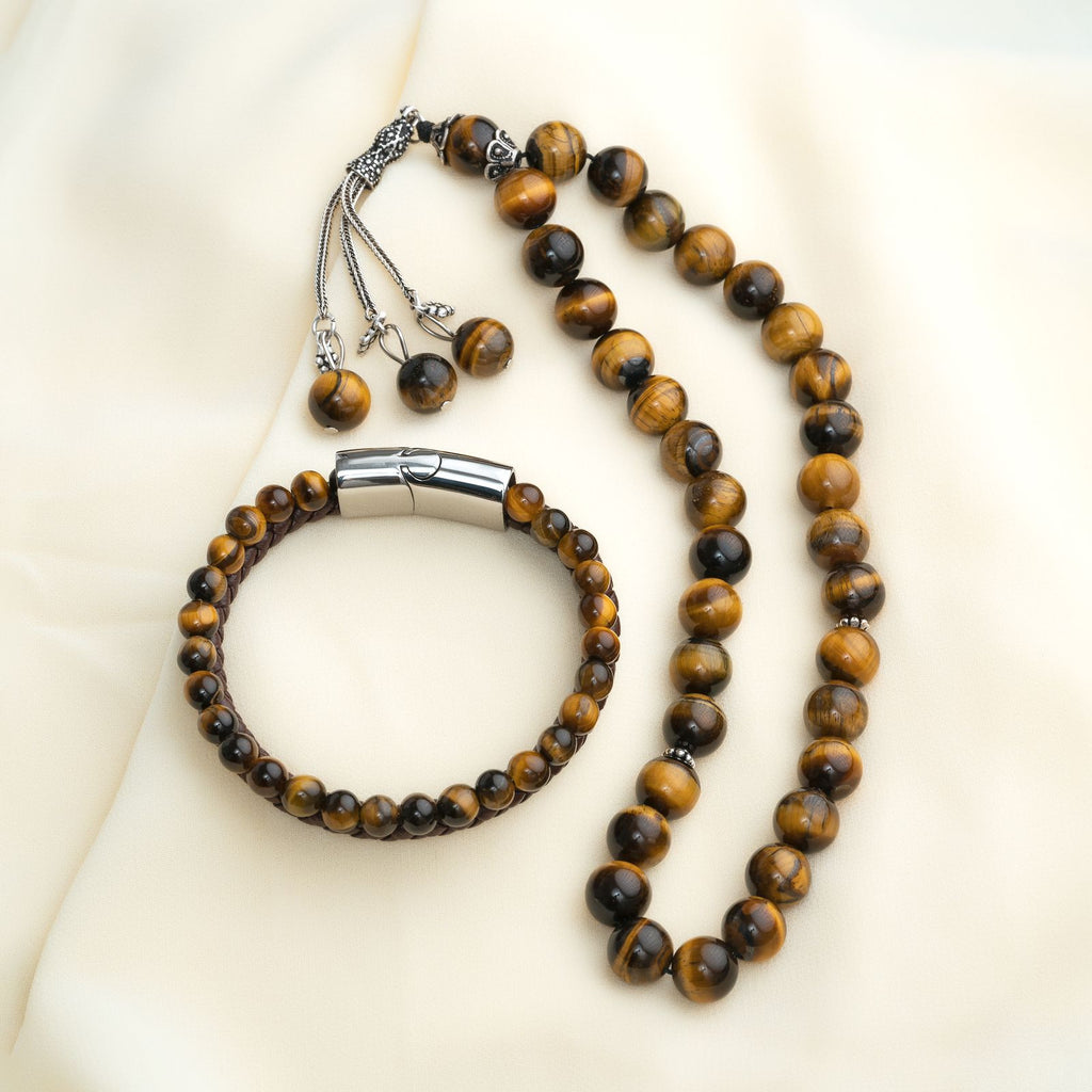 Tiger eye’s Stone Masbaha with Italian Silver Karkosha Design