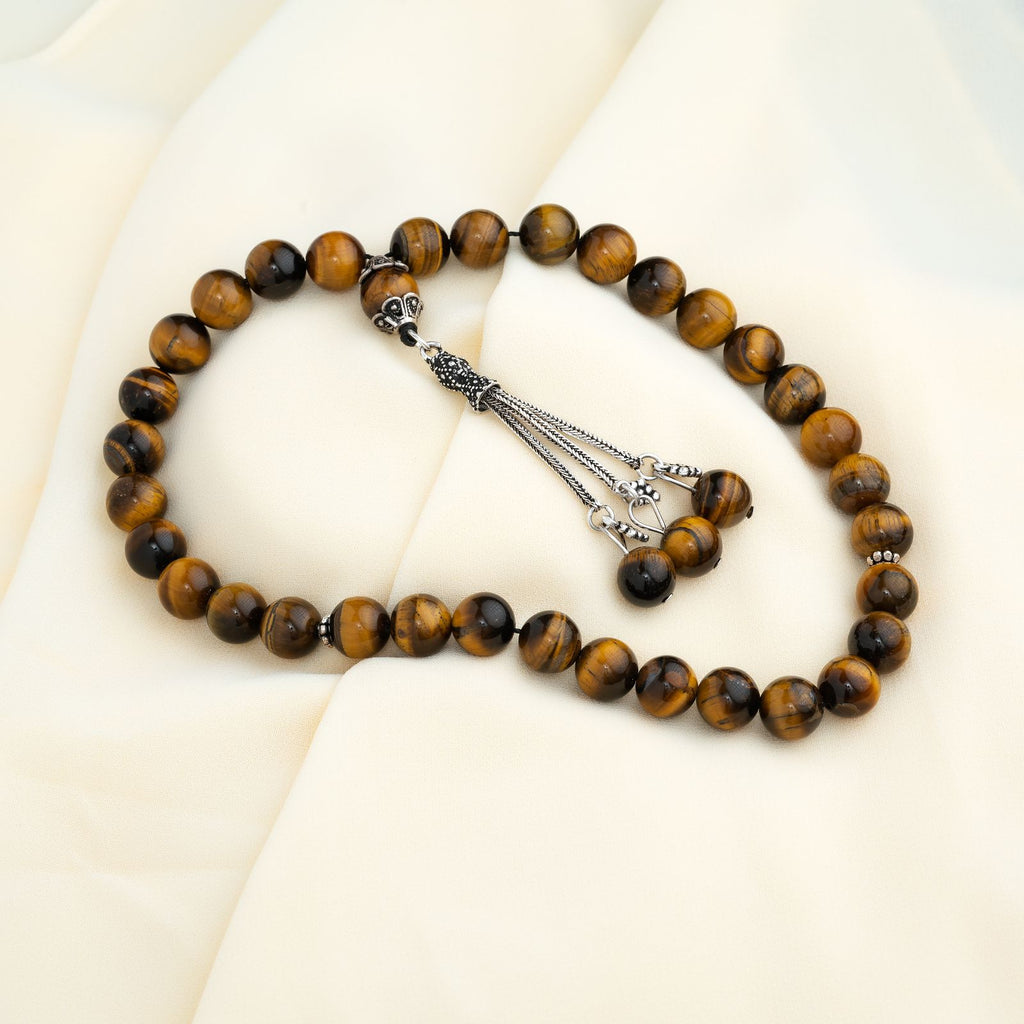 Tiger eye’s Stone Masbaha with Italian Silver Karkosha Design