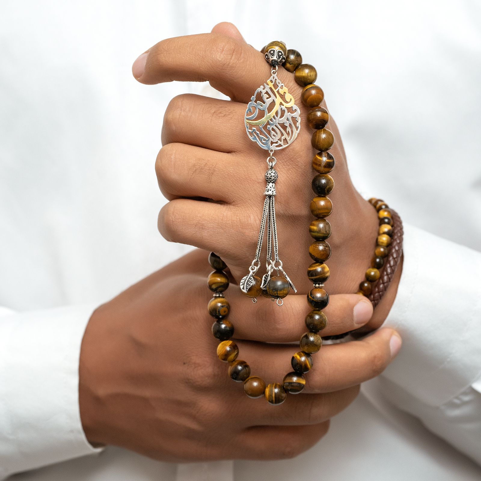Natural Tiger Eye’s Stone Masbaha with Italian Silver Gold Plated Name Design ‎