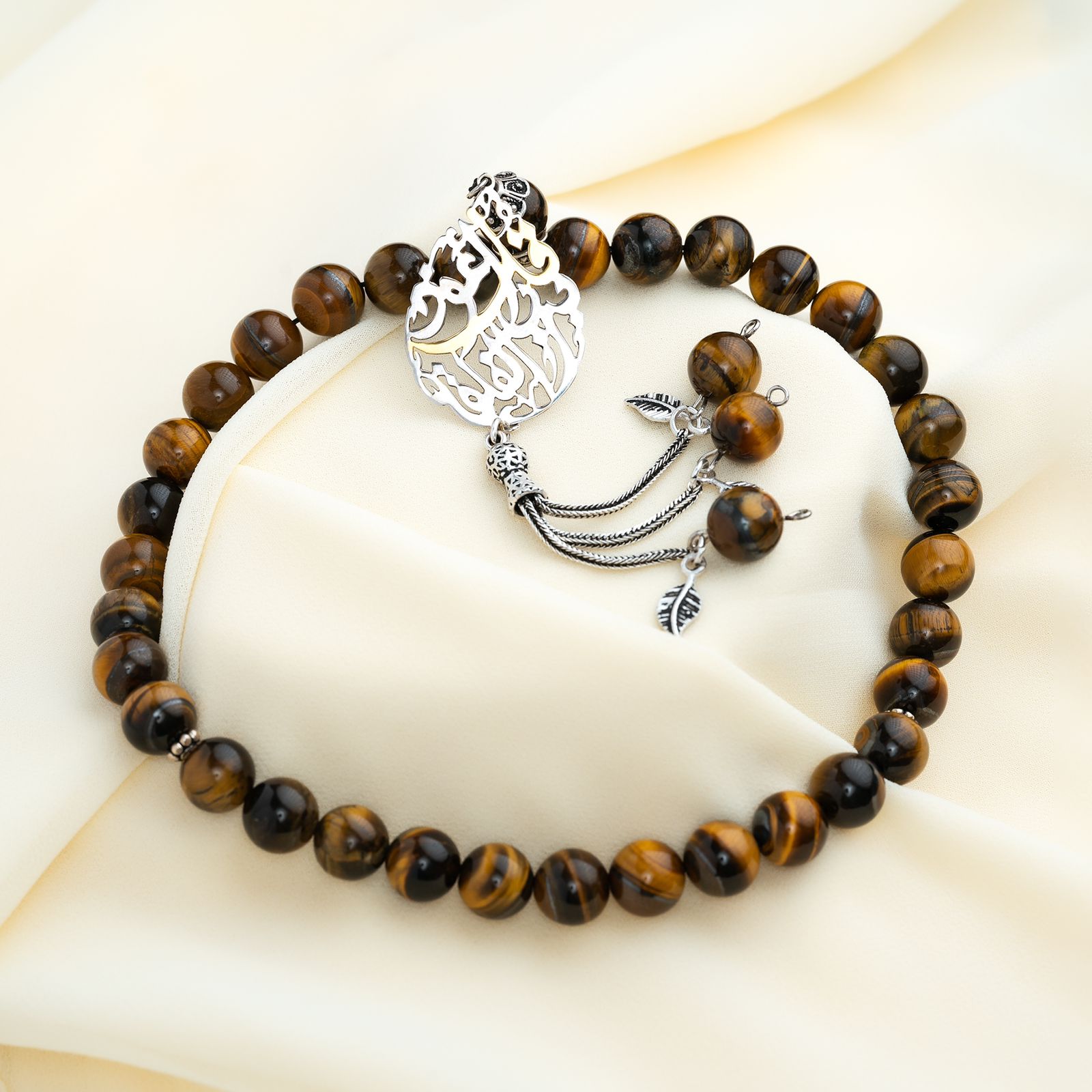 Natural Tiger Eye’s Stone Masbaha with Italian Silver Gold Plated Name Design ‎