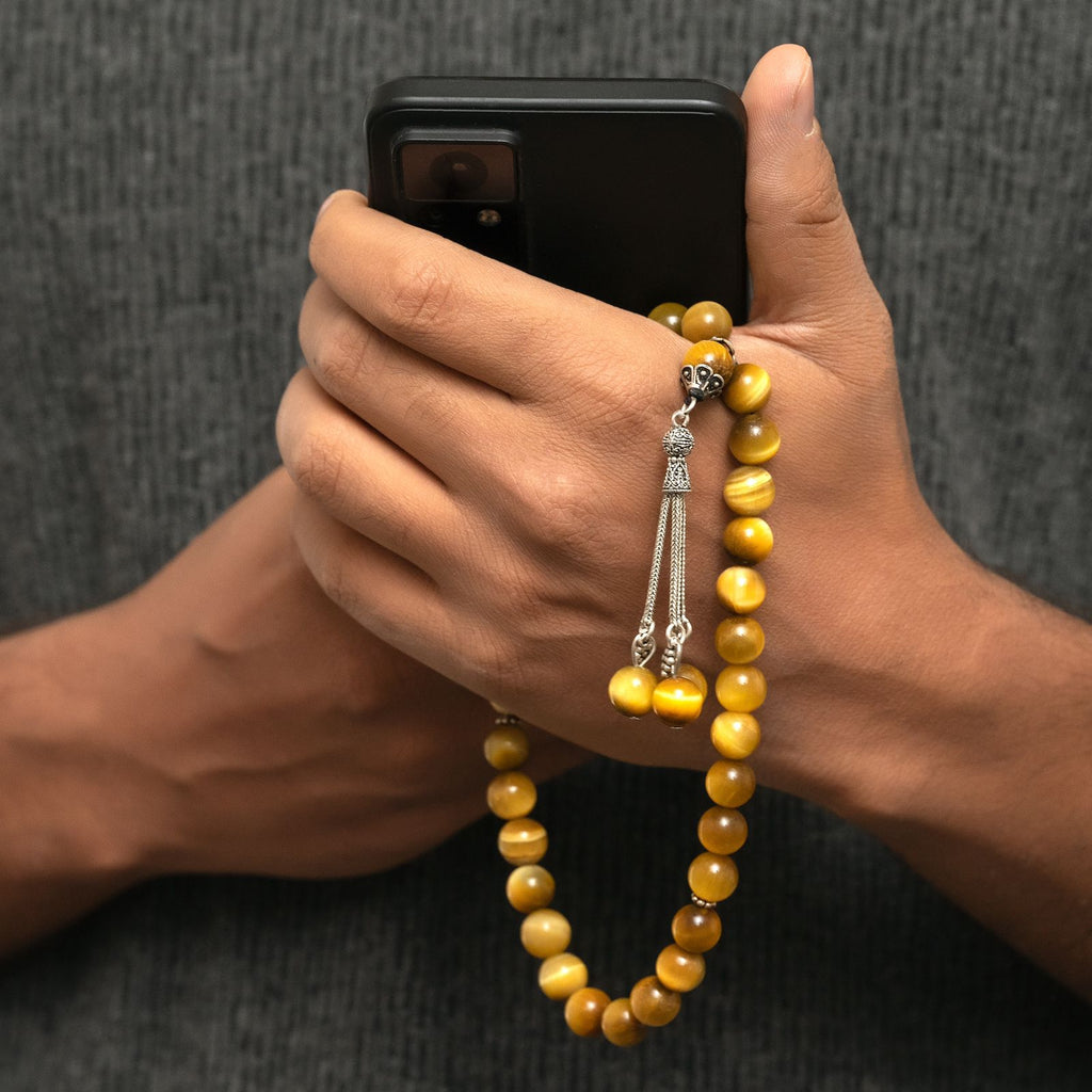 Natural Tiger eye’s Yellow Stone Masbaha with Italian Silver Karkosha Design
