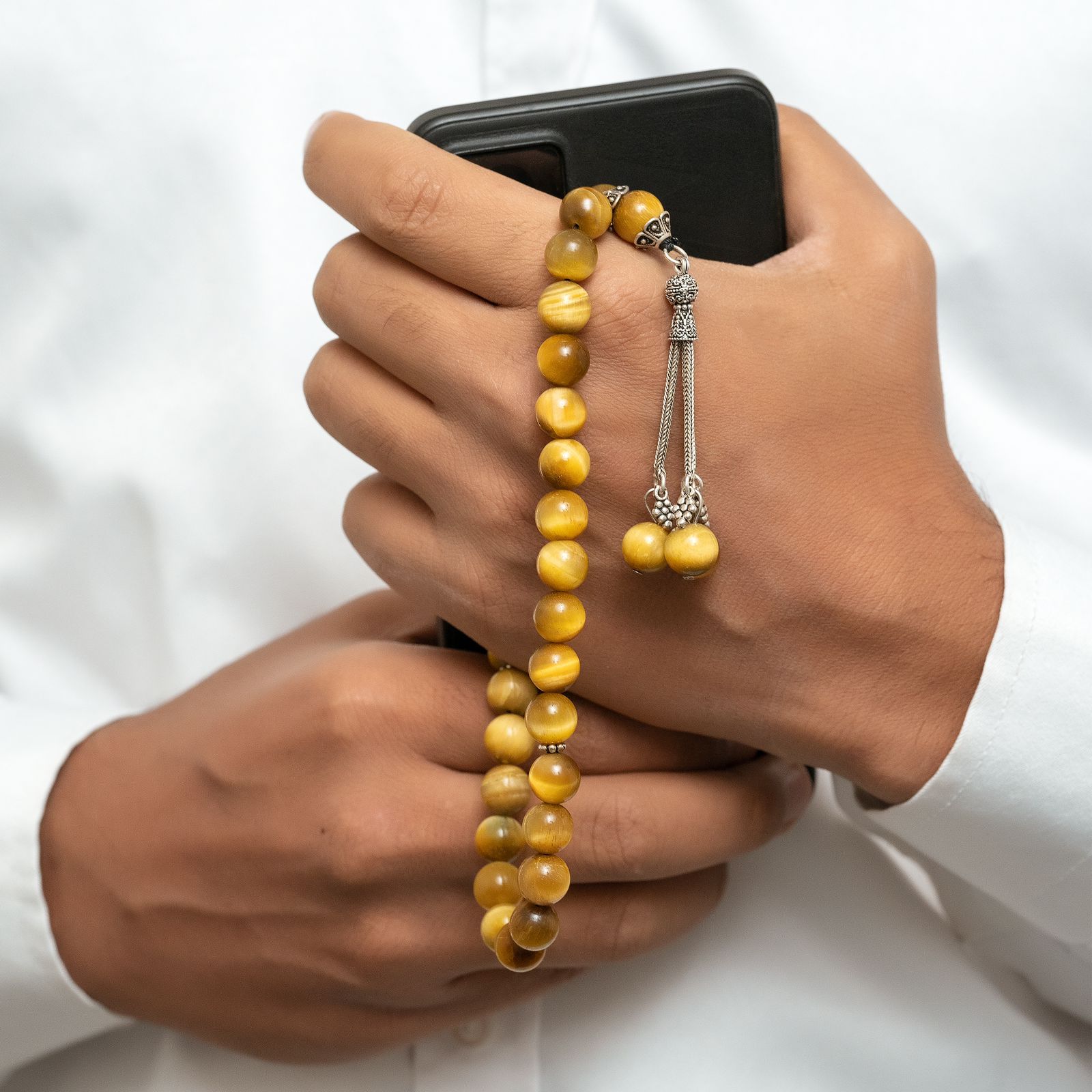 Natural Tiger eye’s Yellow Stone Masbaha with Italian Silver Karkosha Design