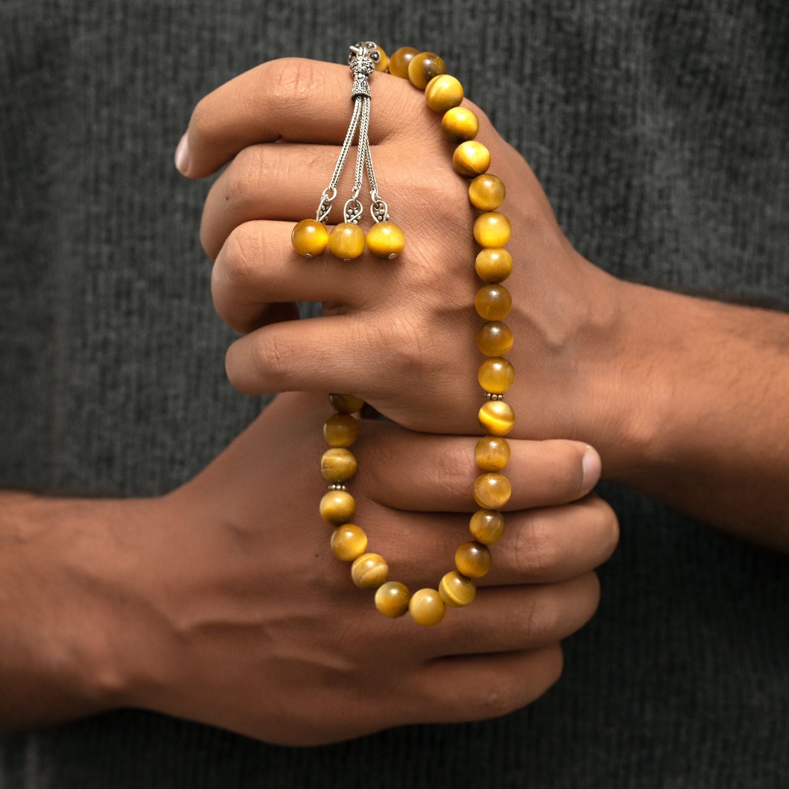 Natural Tiger eye’s Yellow Stone Masbaha with Italian Silver Karkosha Design